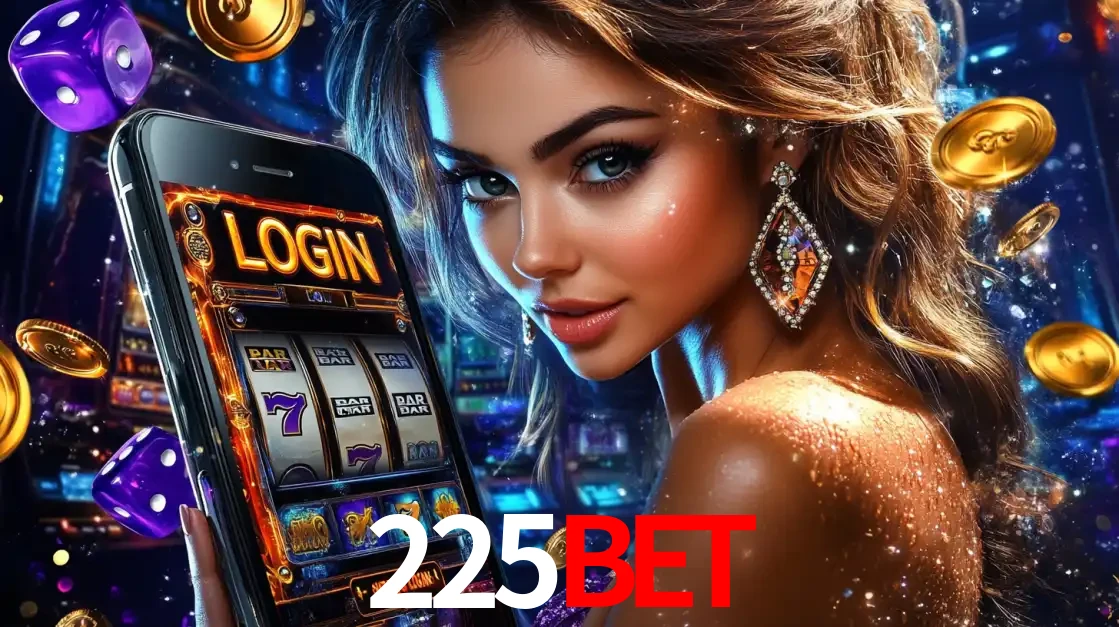Mulher glamorosa segurando um smartphone com a tela de login para os jogos de caça-níqueis do cassino online 225BET, com moedas de ouro e dados ao redor.