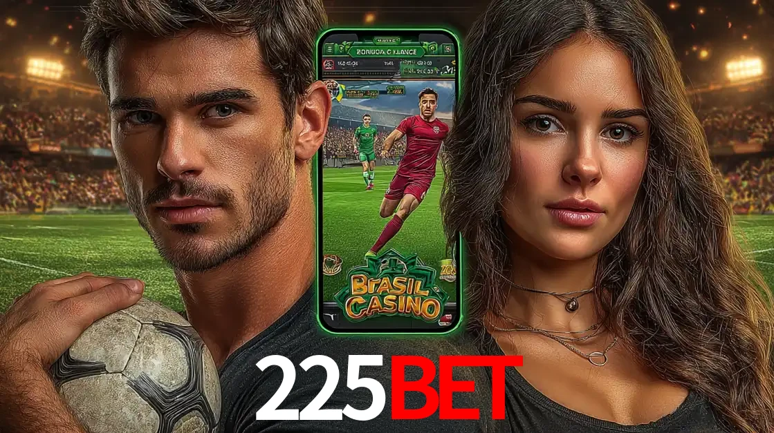 Homem segurando uma bola de futebol e uma mulher ao lado de um smartphone exibindo o jogo de apostas esportivas da 225BET. Faça seu palpite no cassino online.
